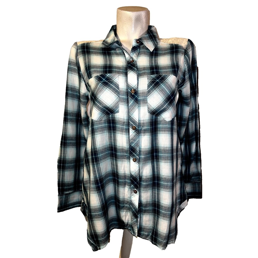 Democracy Women Small Blue White Plaid Lace Back Button Down Shirt NWT